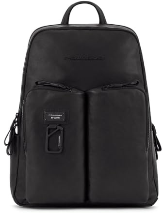 PIQUADRO - Zaino PC 15,6 e Tablet 12,9 Pelle - Uomo - Nero | Spallacci imbottiti, Doppio alloggio device, Vani organizzati, Ufficio, Business