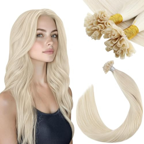 Ugeat Echthaar Extensions Bondings Blond 35 cm 40G 50S Platinblond #60A | U Tip Extensions Echthaar Bondings, Platin Blond, Haarverlängerung Keratin, glatte Textur, für Frauen und den Friseursalon