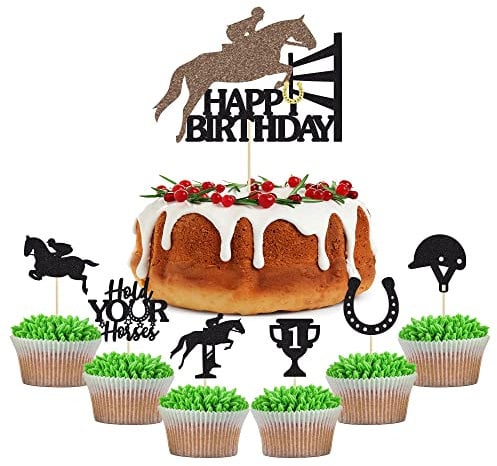 Gyufise 25Pcs Horse Birthday Party Decorations Black Glitter Horse Theme Cake Cupcake Toppers for Horse Racing Party Baby Shower Supplies
