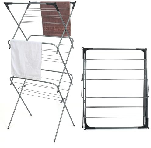 Rainberg 3 Tier Clothes Airer Drying Indoor and Outdoor, Heavy Duty Laundry Rack with Non-Slip Feet and Corner Spaces for Hangers, Flat foldable for Space Saving Washing Line, 14m Drying Space