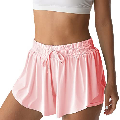 Flowy Athletic Shorts für Damen, Laufen, Tennis, Schmetterling-Shorts, Mädchen, 2-in-1, doppellagig, schnelltrocknend, bequeme Shorts, Blasses Pink, XS