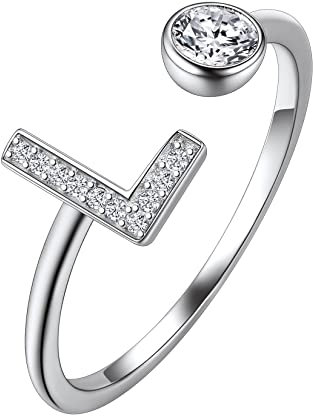 Suplight Damen Offener Ring 925 Sterling Silber Solitärring Diamant Initiale Alphabet Fingerring mit Buchstabe L Geschenk für Frauen Mädchen