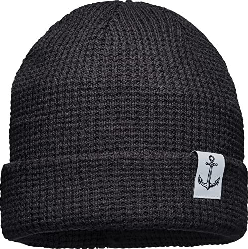 Baddery Unisex Organic Cotton Beanie : Anker (Patch) - Mütze Herren Winter - Bio Baumwolle Strickmütze Damen (schwarz)