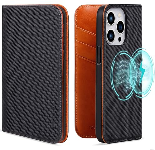 VISOUL Hülle für iPhone 15 Pro, Schutzhülle Carbon Leder Schützt vor Stoß Kartenfach Magnetverschluss Stand Klapphüllen handyhülle Handytasche Etui Case 10 Braun T