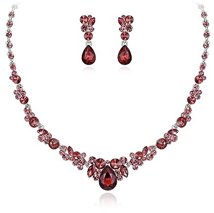 EVER FAITH Damen Schmuckset österreichisch Kristall Braut Floral Tropfen Halskette Ohrringe Set Violet-Rot Silber-Ton