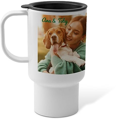 LolaPix Taza termo personalizada. Termo café. Regalos personalizados con foto. Taza de acero inoxidable. Vaso térmico. Libre BPA. Capacidad 450ml. COLOR BLANCO