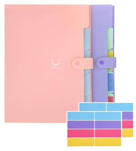 2 Pack Expanding File Folder, A4 File Organiser Plastic Folders with 5 Pockets and 2 Sheets Sticky Labels Document Organiser for School Home Office