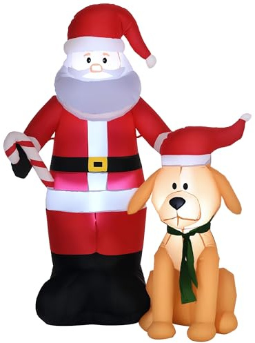 Outsunny Papá Noel Inflable con Perro Navidad Hinchable con Inflador Eléctrico y 9 Luces LED IP44 Decoración Navideña para Interiores y Exteriores 117x80x157 cm Multicolor
