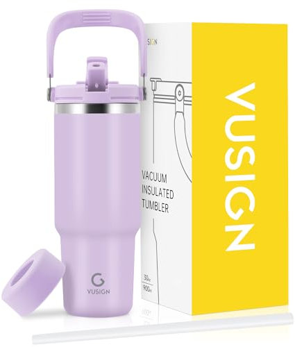VUSIGN 30 oz Tumbler with Handle and Flip Straw, Stainless Steel Vacuum Insulated Water Bottle Travel Mug Thermal Cup for Home, Office, Car, Outdoors, Sports, Orchid