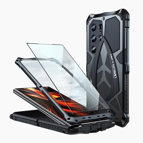 Samsung Galaxy S24 Ultra Funda 5g Antigolpes Protectora Armor Military Case Híbrida de Metal y Silicona Teléfono Case con Strap - Negro