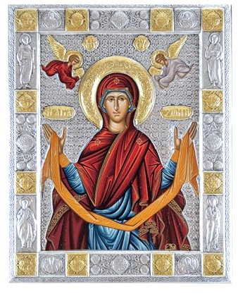 VATOPEDI MONASTERY Heiliger Gürtel der Gottesmutter - Gefertigte Ikone auf Leinwand vom Berg Athos (19 x 15 cm)