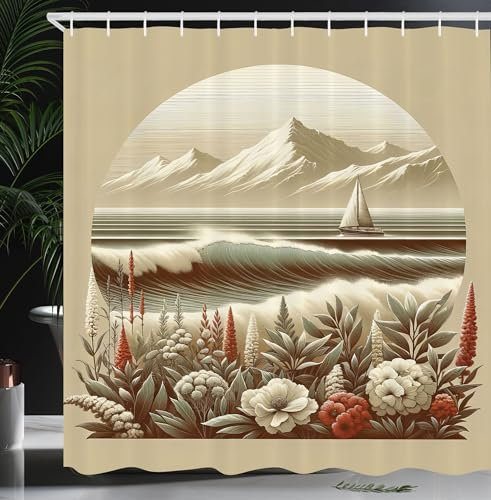 ABAKUHAUS Nautisch Duschvorhang, Blumige Sukkulente Meeresküste und Boot Vintage Staubiges Blau Mint Details, Stoffliches Gewebe mit Haken, 175 x 200 cm, Grau Gelb Dunkles Lachs