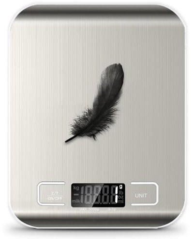 Báscula de cocina, báscula inteligente de alimentos de 11 libras, peso en gramos y onzas, con superficie de acero inoxidable, conversión de 6 unidades (incluye 2 pilas AAA)