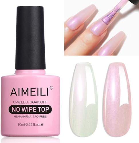 AIMEILI Pearl Glitter Top Coat Gel Polish, Micro Aurora Glitter UV LED Soak Off, Rainbow Shimmer Nail Art Top Gel, High Gloss Shiny Finish, Long Lasting, 10ml,002