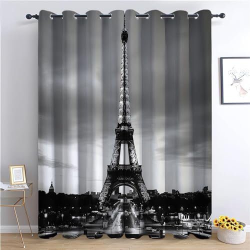 Verdunklungsvorhänge Gardinen mit Ösen Blickdichte Vorhänge Lärmschutzvorhang für Kinderzimmer Thermo Gardinen mit Eiffelturm in Paris Frankreich Muster, 160 x 70 cm (HxB), 2er Set Schiebevorhänge