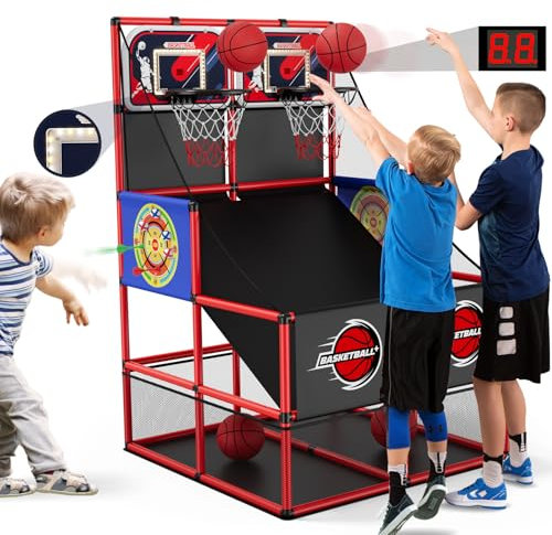 HYES 3 in 1 Dual Shot Basketball Arcade Spiel mit 2 Dart Boards/Elektronische Anzeigetafel/LED Licht, Kinder Basketballkorb für 2 Spieler Indoor Outdoor, Sport Spielzeug für Jungen Mädchen Alter 3-12