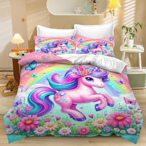 CYSYLQW Einhorn Bettwäsche 135x200cm Kinderbettwäsche Einhorn Rosa Mädchen Kinder Bettbezug Set Für 3D Microfaser Rosa Einhorn Bettwäsche-Sets Mit Reißverschlus (135 x 200 cm,3)