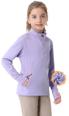 beroy Mädchen-Fleece-Langarm-Shirt, halber Reißverschluss, Thermo-Kinderreit-Shirt, Daumenloch-Taschen