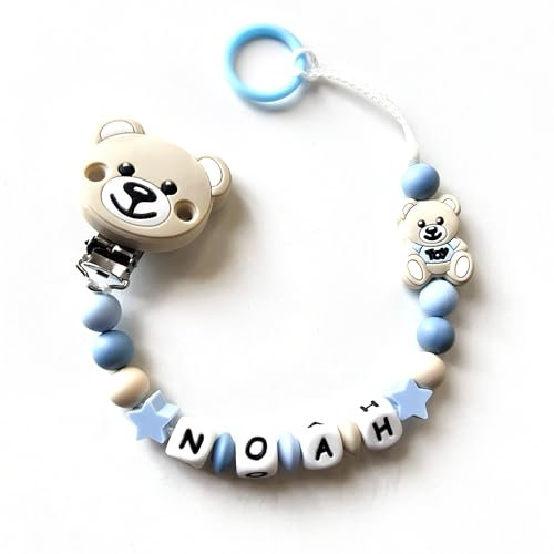 Catenella Portaciuccio con Nome, Catenina Porta Ciuccio Personalizzata Compatibile con ogni Succhietto (TOY beige AZZURRO)