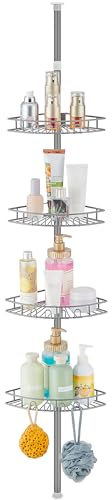 Hoomtaook Telescopica Estanteria Ducha sin Taladro, Estanteria Baño Acero Inoxidable con 4 Cestas, Estante Ducha Altura Ajustable 85-325cm para Bañera Baño y Cocina, Gris