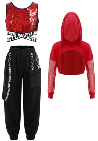 inhzoy Mädchen Hip Hop Outfit Streetdance Kleidung Glitzer Pailletten Tank Top Hoodie Und Cargohose 3er Set Kinder Traininganzüge Sport Tanzkleidung