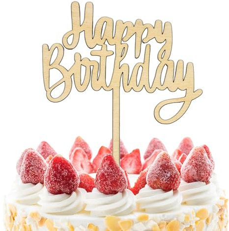 J&M DECO Torten Topper Holz Happy Birthday 15x20 cm – Tortenstecker 4 mm dick – nachhaltige Tortendeko Geburtstag – rustikale Kuchendekoration Kinder & Erwachsene – wiederverwendbar & handgemacht