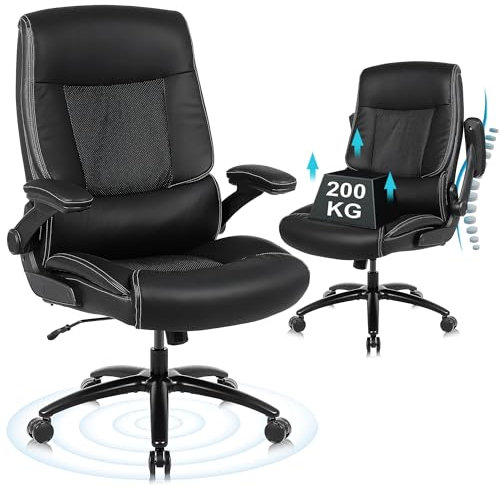 Youhauchair Sedia Ufficio Ergonomica, Sedia Scrivania da 200 kg per Persone più Pesanti, Poltrona Ufficio con Braccioli Ribaltabili, Sedie Ufficio in Similpelle, Schienale Alto, Nero