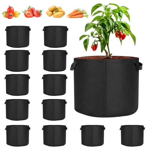 ohbien 12 Pack 10 Gallon Vegetable Grow Bags, Breathable Fabric Plant Pots with Handles Indoor & Outdoor Gardening Plant Growing Bags for Vegetables Flowers Plant Fruits