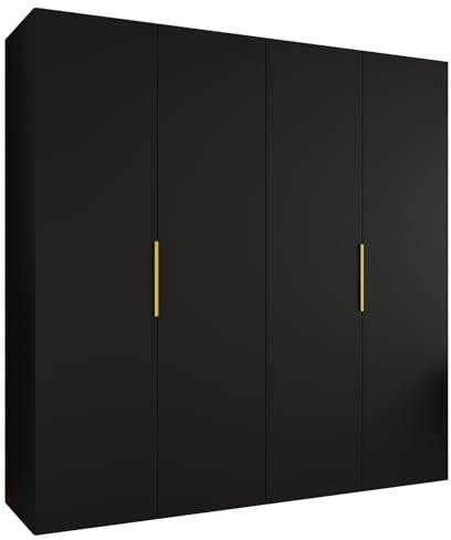 MEBLE KRYSPOL - Kleiderschrank - Drehtürenschrank - Schrank 200x202x52cm - Moderner Garderobenschrank Schlafzimmer, Flur, Jugendzimmer - Farbe Schwarz, Griff Gold - Marbella 1 200