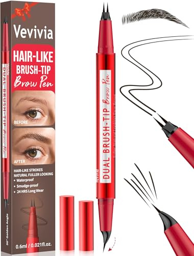 Vevivia Augenbrauenstift - Eyebrow Pen with Dual-Brush-Tip & Curved Tip for Natürliche Augenbrauen, Precise Hair-Like Strokes for All Brow Types, Last All-Day Brow Makeup, Black Brown