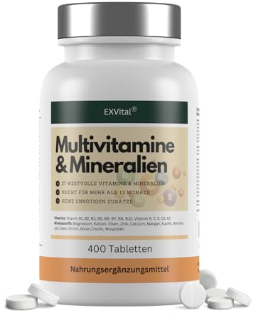 Compresse Multivitaminiche – 400 compresse vegane, 27 vitamine e minerali, con complesso di vitamine B, vitamina D, magnesio, potassio e altro, senza magnesio stearato, testate in laboratorio