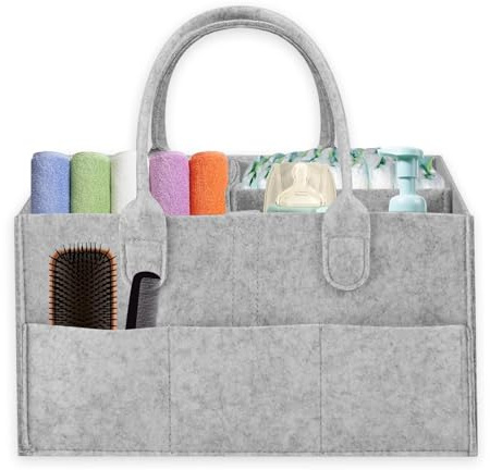 LIUZHUJ Wickelkorb Filz 33×23×18cm mit Abnehmbaren Trennwänden, Hellgrau | Faltbarer Wickelorganizer mit 8 Seitentaschen & Stabilem Tragegriff, zur Aufbewahrung von Windeln, Feuchttüchern, Babyflasche