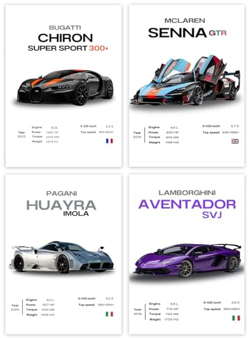 Fychuo 4 Stück Auto Poster, Sportwagen Wandposter für Wall Decor, Supercar Leinwand Auto Bilder für Jungs Zimmer Deko, Supercar Wanddekoration für Büro Schlafzimmer Wohnzimmer Deko, 30×20cm