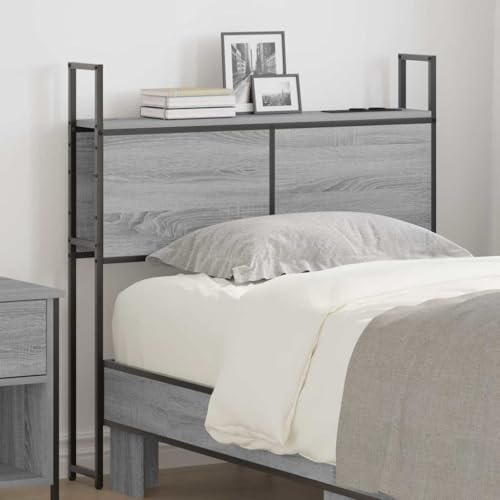 Mandloder Sonoma Grau Stauraum-Kopfteil, 90 cm breit, aus Holzwerkstoff, mit integrierter Ladestation und Regalen, robust, stilvoll für Schlafzimmer