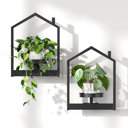 HOOBRO Wandbehang, Pflanzgefäße, Blumenständer Wandmontage 2 Set, Wand Blumenständer mit Abnehmbarem Untersetzer, Pflanzenständer, pflanzen wandhalterung, Büro & Flur Deko, Schwarz EBK08HJP201