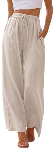 LILLUSORY Linen Trousers for Women UK Wide Leg Pants with Pockets Summer Ladies Fashion Elasticated Waist Drawstring Palazzo Dressly Capsule Wardrobe Clothing Apricot XL