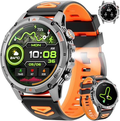 Smartwatch Herren GPS, 1,46 HD Men's Militär Smart Watch, LED Taschenlampe, Kompass, 100+ Sportmodi Fitnessuhr, IP68 Wasserdicht Rund Sportuhr, Fitness Tracker Watch für iOS Android (Schwarz)