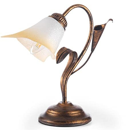 ONLI - Lampe à chevet en métal marron avec nuances dorées. Verre blanc nuancé ambre