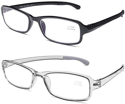 DOOViC Blaulichtfilter Lesebrille für Damen/Herren Eckig Vollrand Transparente Grau/Schwarze Brille mit Stärke Flexible Blaufilter Computer Brille 1,0