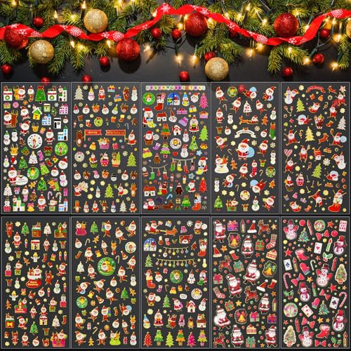 PERFETSELL 10 Blätter Weihnachtssticker Selbstklebend Weihnachten Sticker Aufkleber Glitzer Weihnachtsaufkleber Weihnachtsmann Schneeflocke Mini Xmas Aufkleber für Scrapbooking Wehinachtsgeschenk