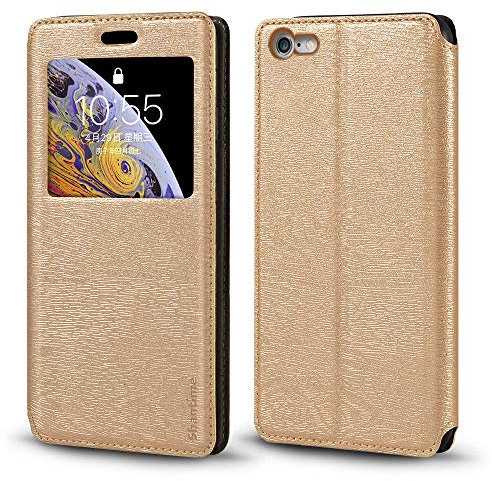 Coque à Rabat en Cuir PU avec Fenêtre Visible et Aimant Invisible Compatible avec iPhone 6S, Étui Intelligent à Affichage Clair (Or)