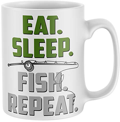 Purple Print House Fishing Gifts for Men, Eat Sleep Fish, Funny Mug, Novelty Mugs, Idea Grandad Dad Accessories Bait Rod Hook, White, One Size