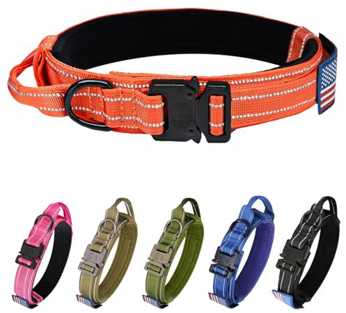 Taktisches Hundehalsband, Militär-Hundehalsband mit reflektierendem Halsband und amerikanischer Flagge, Patch mit Griff, robuste Metallschnalle, 3.8 cm breit, K9-Halsband (orange, reflektierend)
