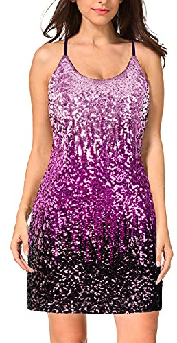MANER - Abito da Donna con Paillettes Glitterate, Regolabile, con Cinturino per Spaghetti, Pervinile/Festival Fucsia/Viola Scuro., XL