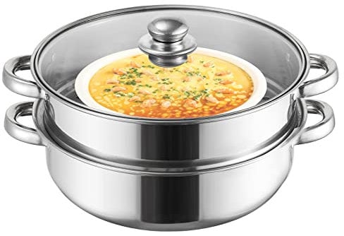 ZENFUN Steamer for Cooking, Steam Container with Steamer Insert, 2 Tier Stack and Steam Pan Set with Glass Lid, Stainless Steel Steam cooker Double Handle, 11 Inch/28CM(Thickened)