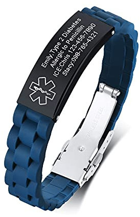 VNOX Medizinische Notfall-Armbänder für Männer und Frauen, Kinder, mit kostenloser Gravur, verstellbar, Edelstahl-Mesh-Notfall-Armband, Silikon 03-blau, Breite 16 mm, 5.9*0.6 inches