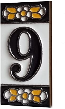 7.5cm x 3.5cm Spanish Orange & Black Floral Ceramic House Number Tiles Symbols & Metal Filigree Frames (Number 9)