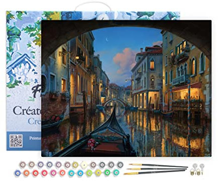 Figured'Art Malen Nach Zahlen Erwachsene Mit Rahmen Kanal in Venedig 2 - Paint by Numbers Basteln DIY Bastelset 40x50cm Leinwand gespannt auf Holzrahmen