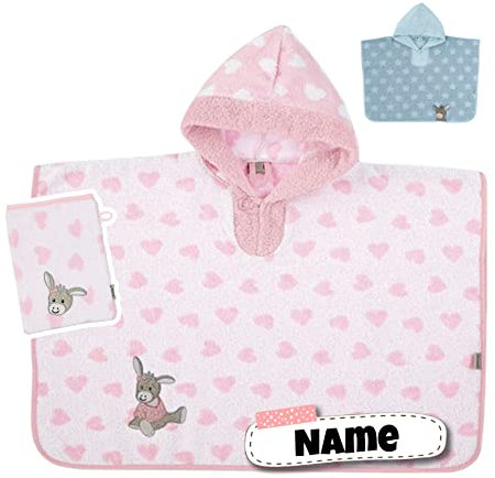 STERNTALER Poncho Kinder + Waschlappen mit Name Bestickt mit Name personalisiert | Kapuzenbadetuch Kinder | Kapuzenhandtuch | Badetuch mit Kapuze | bis 5 Jahre (EMI Herz rosa)