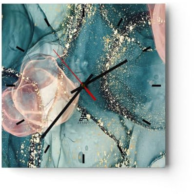 Modern Wanduhr Flüssigkeit Gold Rosa 30x30cm Quadrat Klein Wand Uhr Glas Analog Zimmeruhren Küche Büro Wohnzimmer Glasuhr Wall Clock Dekoration Design Wanddekoration Küchenuhr C3AC30x30-4817